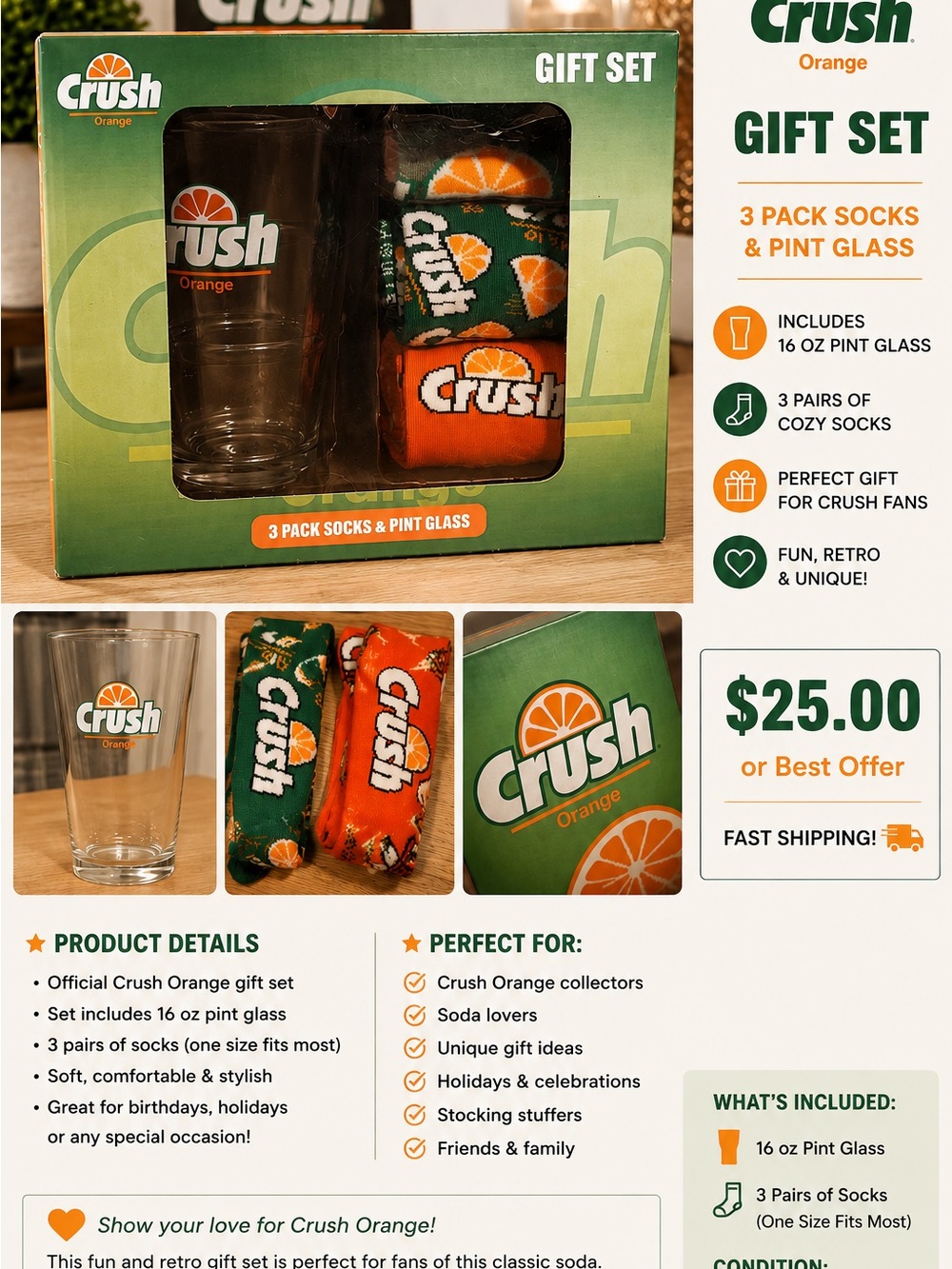 Crush Orange Gift Set – Green & Orange Socks with Crush Pint Glass